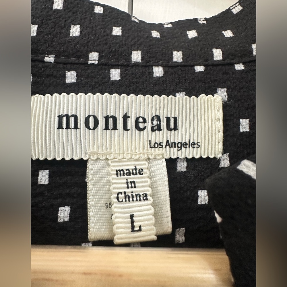 Monteau Black & White Print Dress Size L Tie Waist - Picture 5 of 6
